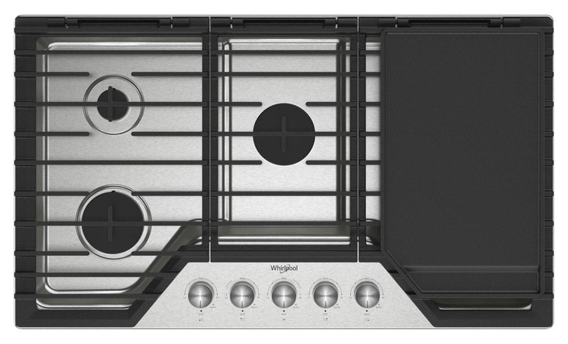 Whirlpool 36" Gas Cooktop with 2-in-1 Hinged Grate to Griddle - WCGK7536PS | Surface de cuisson à gaz Whirlpool de 36 po avec grille à charnières 2 en 1 qui se convertit en plaque chauffante - WCGK7536PS | WCGK756S