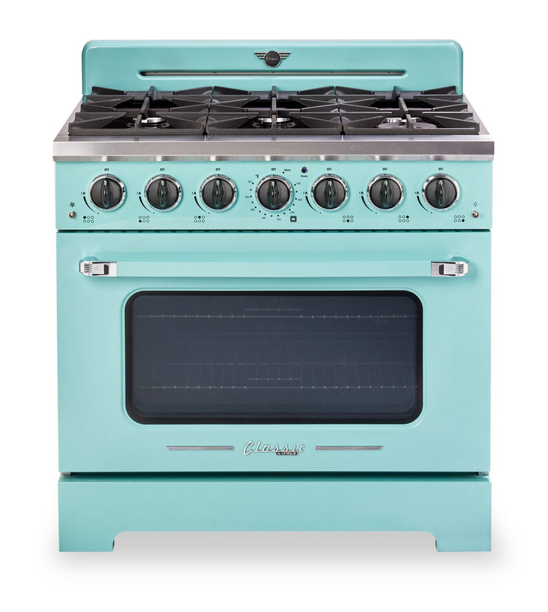 Classic Retro by Unique 36" 5.2 Cu. Ft. 6-Burner Gas Range with Convection - Ocean Mist Turquoise - UGP-36CR T | Cuisinière à gaz Classic Rétro par Unique de 36 po et de 5,2 pi3 à 6 brûleurs avec convection - turquoise brume marine - UGP-36CR T | UGP36CRT