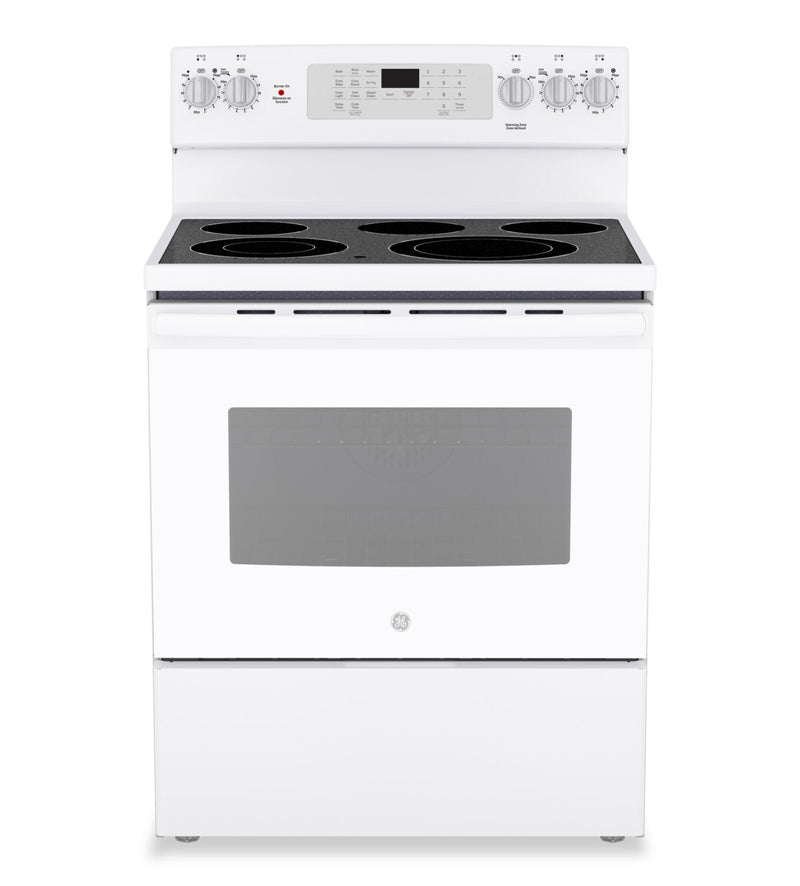 GE 5 Cu. Ft. Freestanding Electric Convection Range with No-Preheat Air Fry - White - JCB840DVWW | Cuisinière électrique amovible GE de 5 pi3 à convection avec friture à air sans préchauffage - blanche - JCB840DVWW | JCB840VW