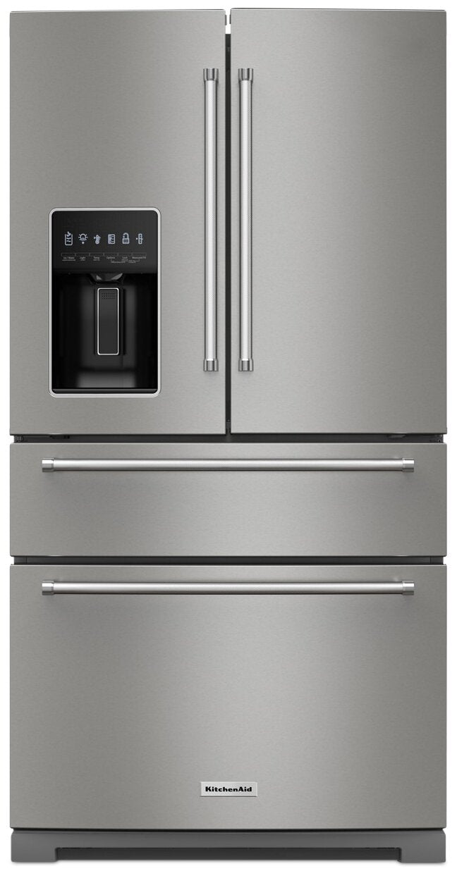 KitchenAid 36" 26.2 Cu. Ft. French-Door Refrigerator - PrintShield Stainless - KRMF536RPS | Réfrigérateur KitchenAid de 26,2 pi³ et de 36 po à portes françaises - acier inoxydable avec fini Pr…