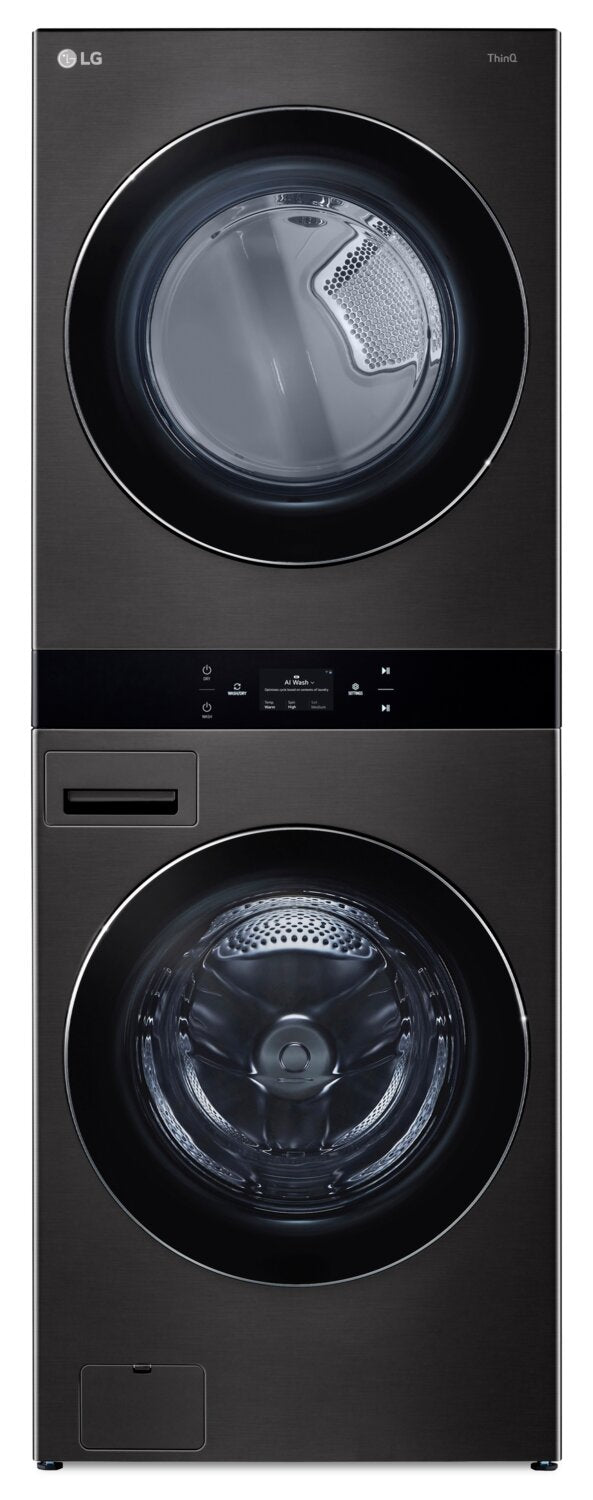 LG 5.8 Washer/7.4 Dryer Cu. Ft. Front-Load High-Efficiency Steam Washtower™ - Black Steel - WKEX300H… | Tour de lavage WashTowerMC à la vapeur haute efficacité LG à chargement frontal avec laveuse de 5,8 …